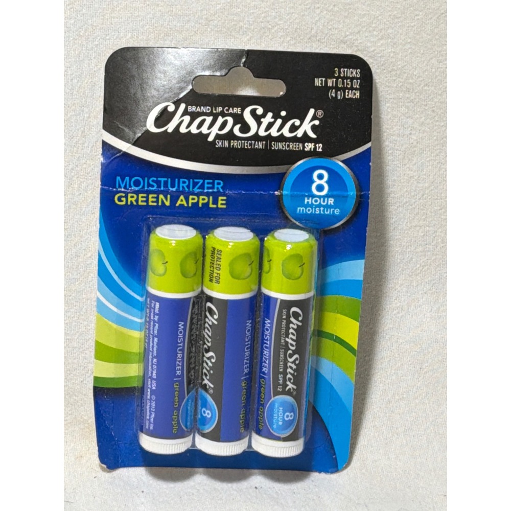 ChapStick Moisturizer Green Apple Lip Balm SPF 12 3-Pack 0.15oz Sticks New